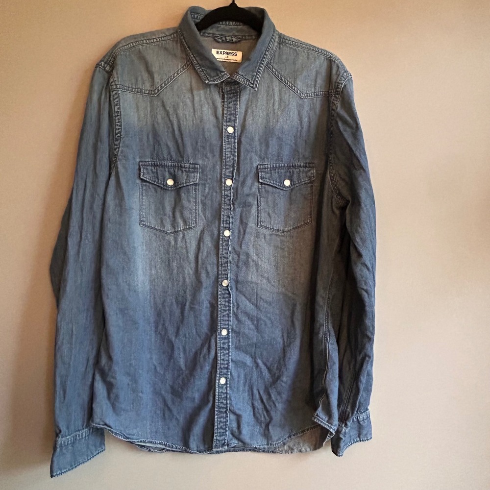 Express Mens Denim Western Shirt Long Sleeve Blue Snap Front‎ Medium Wash Large
